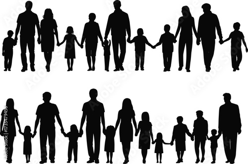 Big family silhouette illustration, parents and children holding hands, unity and togetherness, happy family concept, large group black vector design
