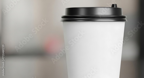 A white disposable coffee cup with a black lid sits against a blurred, neutral background.