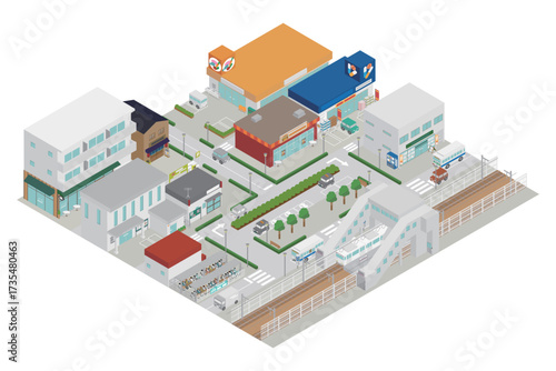 アイソメトリックな鉄道駅前の街並みのイラスト