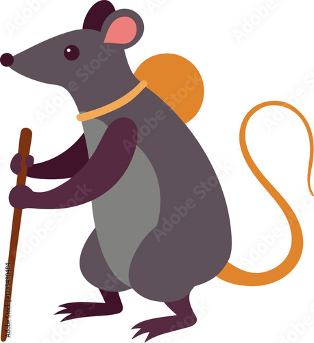 An adventurous cartoon rat wearing a backpack and a hat, holding a walking stick for a journey.