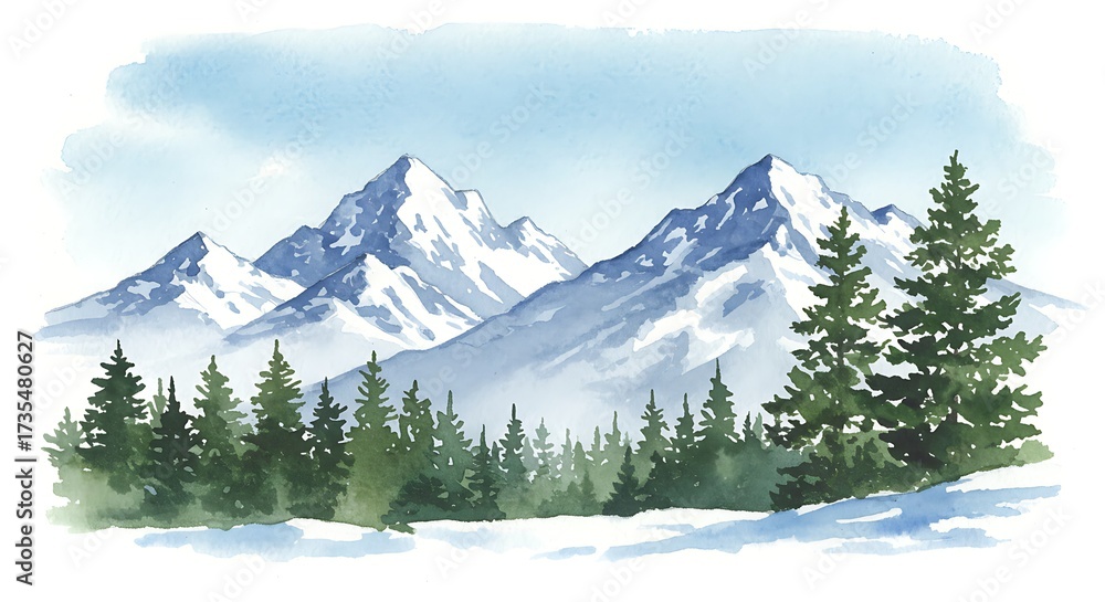 Fototapeta premium Watercolor painting of snow capped mountains and evergreen trees under a blue sky