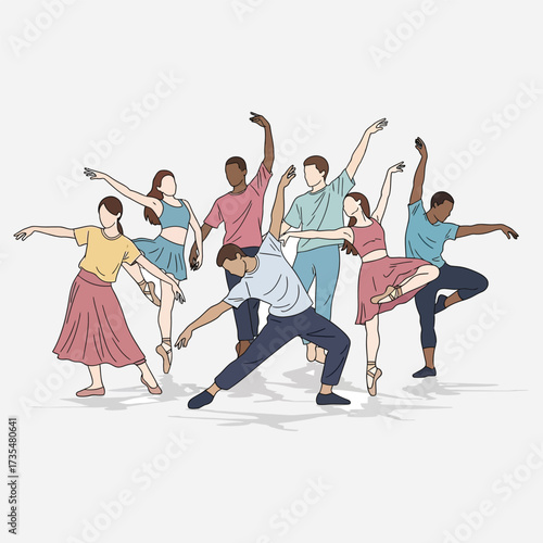 Diverse Group of Dancers Performing a Ballet Routine Grace, Movement, and Artistry