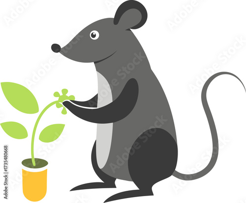 A cute gray cartoon mouse stands on its hind legs holding a small green plant in a yellow pot.
