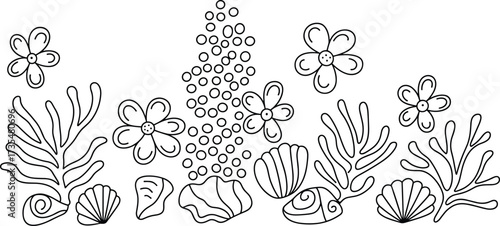 Underwater sea life coloring page with shells seaweed and flowers Keywords: underwater, sea