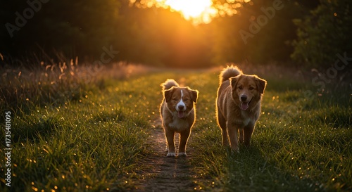 Two dogs walking on a path in a meadow at sunset