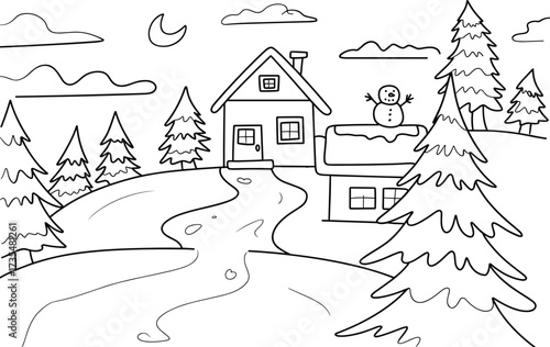 Whimsical Winter Landscape with House Snowman and Crescent Moon home