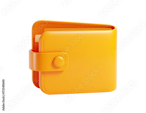 Bright orange, 3D-rendered wallet, closed with a circular clasp, on black