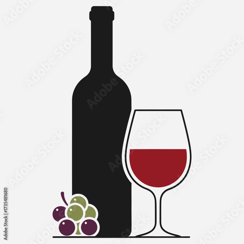 Silhouette of a wine bottle, glass filled with red wine, and grapes on a white background