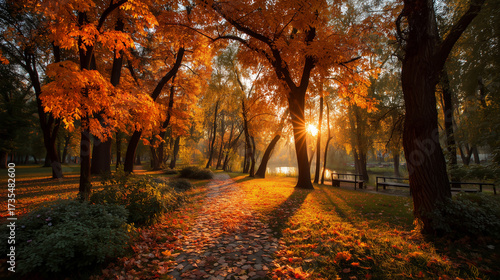 beautiful Autumn Landscape - Trees And Orange Foliage In Park At Sunset