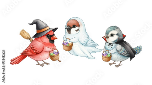 Halloween Birds: Three adorable, costumed birds, dressed in whimsical costumes of a witch, ghost, and vampire, ready for Halloween.