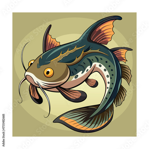 Stylized catfish with yellow eyes on a muted green background Keywords: catfish, fish