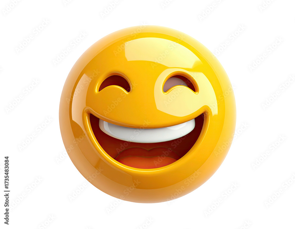 Fototapeta premium Glossy, yellow emoji with wide open smile, expressing happiness on black background