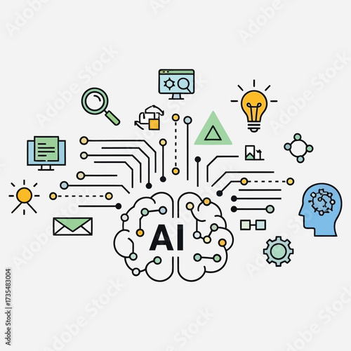 Artificial Intelligence Brain Network with Circuits and Icons Representing Technology and Innovation