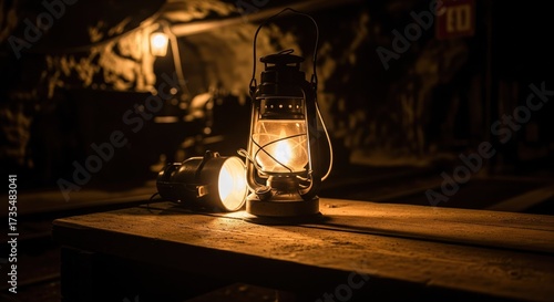 Old-fashioned miner's lamp glows on wooden table