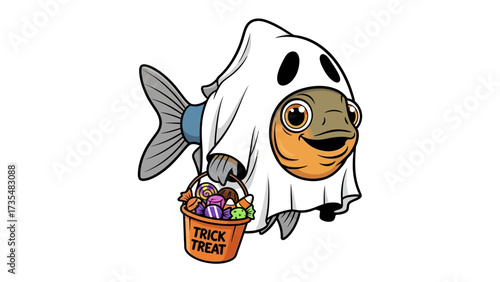 Spooky Fishy Fun: An adorable fish, transformed into a whimsical ghost for the spookiest of celebrations, holding a trick-or-treat bucket with cheerful expression.