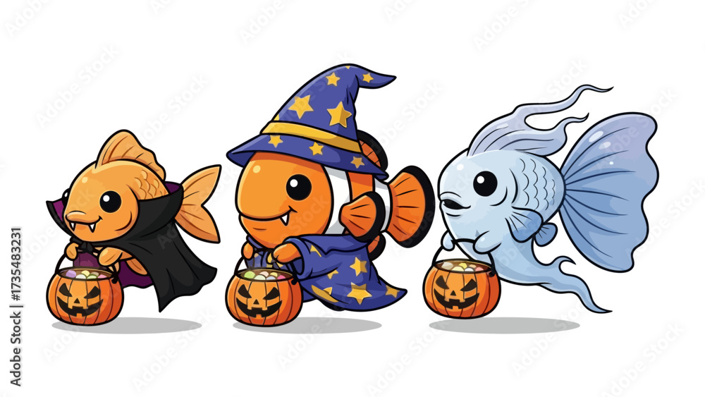 Obraz premium Halloween Fish Costume: Animated fish embrace the holiday, dressed in playful costumes, and filled with the Halloween spirit!