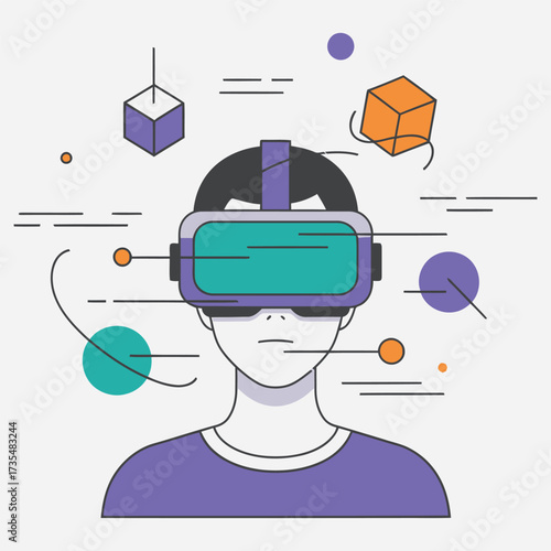 Immersive Virtual Reality Experience User with VR Headset Interacting with Digital Elements