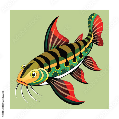 Stylized Loach Fish Illustration with Green Background Keywords: loach, fish, illustration