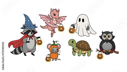 Spooky Halloween Animal Characters: A whimsical ensemble of adorable animal characters, all dressed up in creative costumes, holding Halloween lanterns for trick-or-treating in a fun and festive.