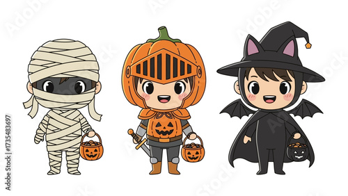 Spooky Trio: Three charming children embrace the spirit of Halloween in adorable costumes: a mummy, a pumpkin knight, and a bat. Each holds a jack-o'-lantern bucket, radiating joy and festivity.