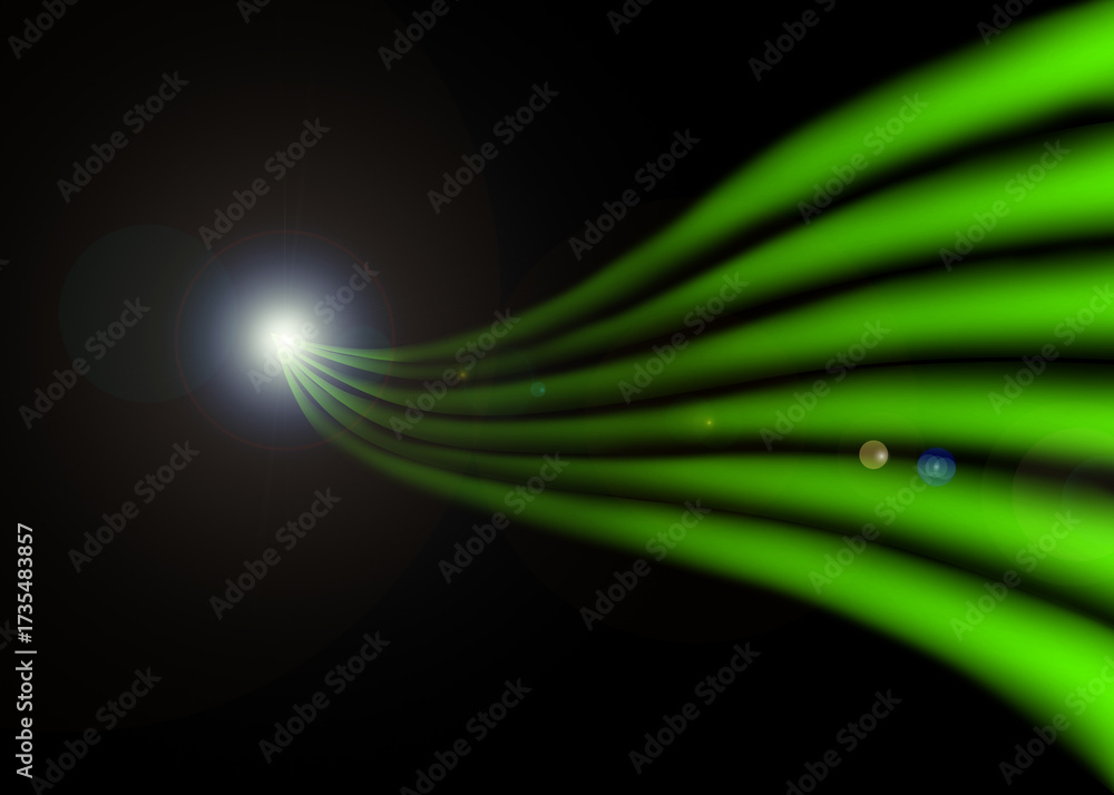 Obraz premium Futuristic glowing green neon lines streaming into bright white light, abstract motion effect on a black background for technology and sci-fi.