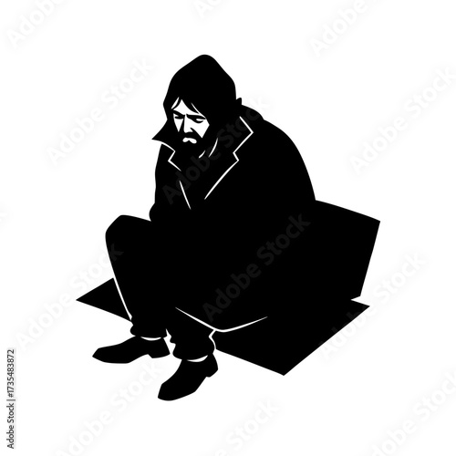 homeless man sitting on cardboard vector art 