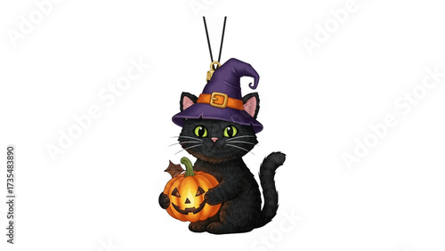 Halloween Cat: A captivating Halloween image featuring a black cat adorned with a witch's hat, tenderly holding a pumpkin, against a backdrop designed to spark fascination