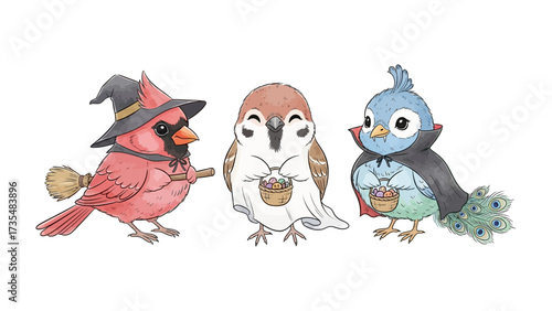 Whimsical Halloween Birds: Three charming birds in festive costumes - a witch, a ghost, and a vampire - gather for Halloween fun, exuding a sense of playful enchantment.