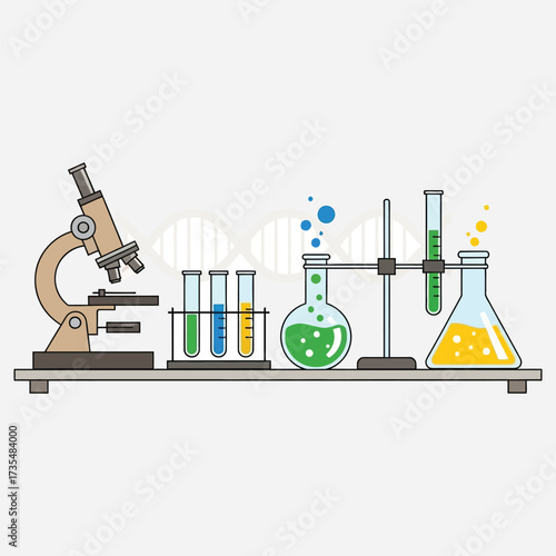 Scientific Research Microscope, Test Tubes, and Chemical Flasks in a Lab