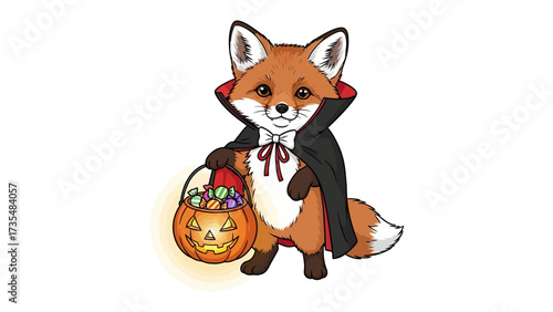 Halloween Fox Illustration: A charming fox in a vampire cape carrying a Halloween-themed pumpkin basket, ready to trick-or-treat. Capturing the spirit of the holiday with this cute illustration.