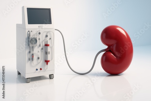 Modern Medical Dialysis Machine Connected to Kidney: A state-of-the-art dialysis machine connected to a meticulously rendered model of a human kidney.