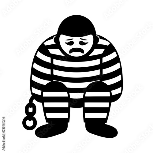 sad prisoner in striped uniform with shackle vector illustration