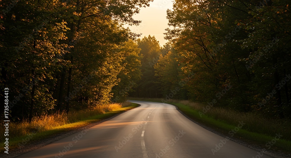 Fototapeta premium Winding road through a forest at sunrise or sunset with sunlit trees