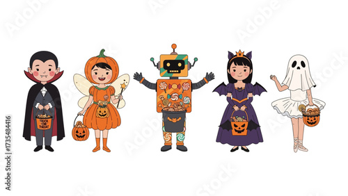 Whimsical Halloween Costume Parade: A playful and charming illustration capturing the magic of Halloween, featuring children in adorable costumes ready for trick-or-treating. 