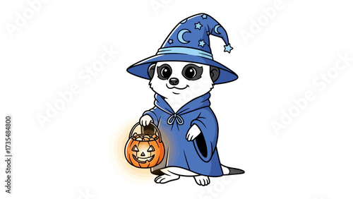 Meerkat in Halloween Costume: A whimsical illustration of a charming meerkat, dressed in a wizard costume and clutching a glowing jack-o'-lantern, embodying the spirit of Halloween. 