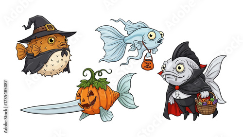 Halloween Fish Fantasy: A whimsical and enchanting illustration of Halloween-themed fish, each playfully dressed in festive costumes, from witch and vampire to pumpkin.