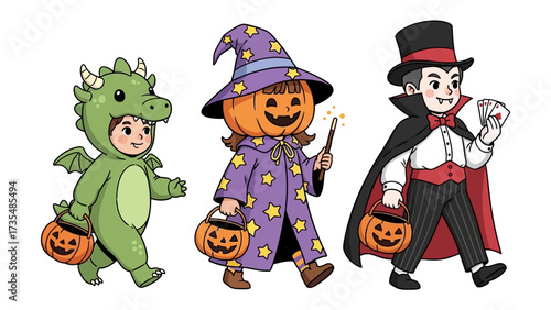 Whimsical Halloween Trio: Three costumed figures, a dragon, a pumpkin witch, and a vampire, bring festive cheer with their Halloween candy buckets, against a playfully vibrant backdrop.