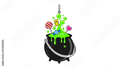 Magical Concoction: A playful and vibrant illustration showcases a bubbling cauldron filled with a glowing green potion, candy and treats .
