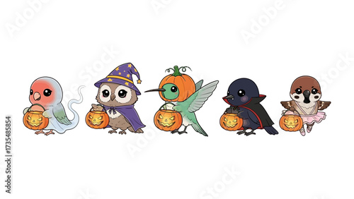 Halloween Birds Parade: A delightful illustration showcasing five charming birds, each uniquely dressed in adorable Halloween costumes, creating a playful and festive atmosphere.