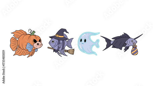 Spooky Fish: A collection of creative illustrated fish, each donned in Halloween-themed attire and bearing unique characteristics.