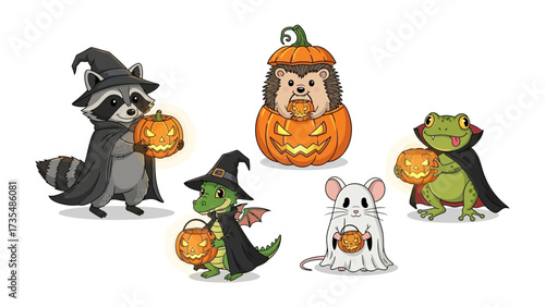 Halloween's Charming Creature Parade: Adorable woodland creatures embody the spooky season with enchanting charm, each brandishing a carved jack-o'-lantern for a heartwarming Halloween celebration. 