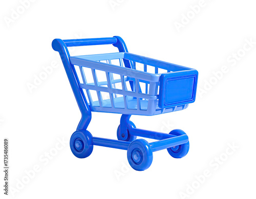 Blue, 3D render of an empty shopping cart against a stark black background