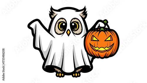 Spooky Owl and Pumpkin: This whimsical illustration captures the Halloween spirit, showcasing a charming owl dressed as a ghost, clutching a carved pumpkin. Perfect for adding a touch of festive fun.