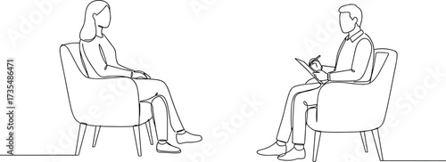 Line art illustration of psychologist talking with patient in therapy session, mental health counseling, psychology support, professional consultation, minimal drawing