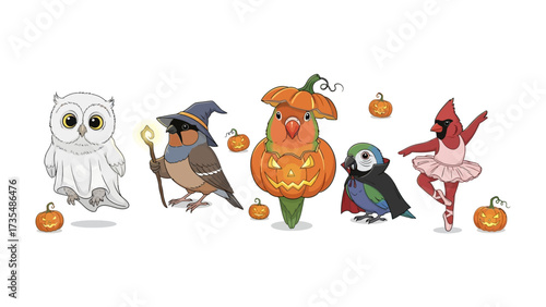 Whimsical Halloween Avian Ensemble: A charming gathering of uniquely costumed birds, each adorned in playful Halloween attire, conjuring the spirit of All Hallows' Eve with a touch of fancy.