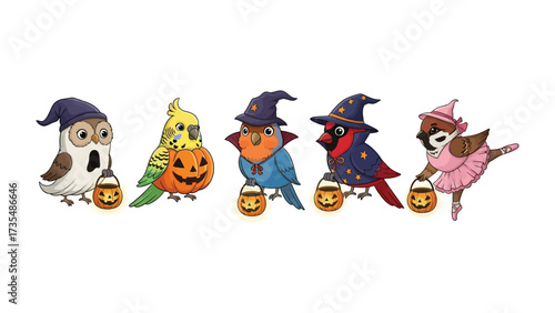 Halloween Avian Assemblage: A charming collection of adorable birds dressed in whimsical Halloween costumes. Each avian character holds a tiny Jack o'Lantern bucket, ready for trick-or-treating.