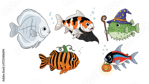 Halloween-themed Fish: A charming assortment of cartoon fish, each uniquely costumed for Halloween, featuring a spooky pumpkin, a witchy wizard, and other creative designs.