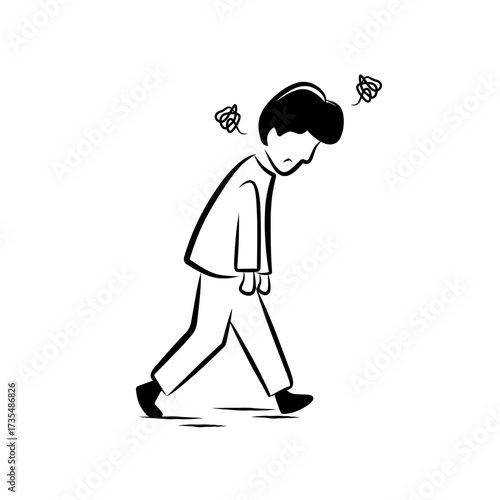 Cartoon sad man walking with stressed face and scribble symbol for mental health article poster and depression awareness graphic