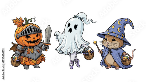 Whimsical Halloween Trio: A charming scene features a pumpkin-headed knight, a spectral ghost, and a wizardly rodent. Each figure is adorned with festive costumes and props.