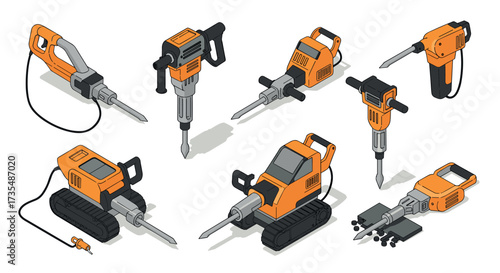Isometric drill tools collection featuring diverse modern construction equipment